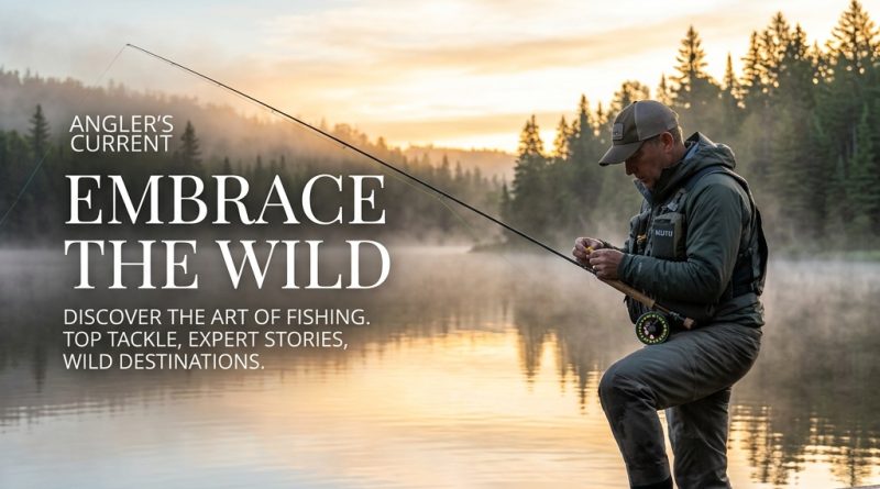 Fly fisherman standing by a misty lake at sunrise, creating a calm and premium outdoor scene for a fishing website.