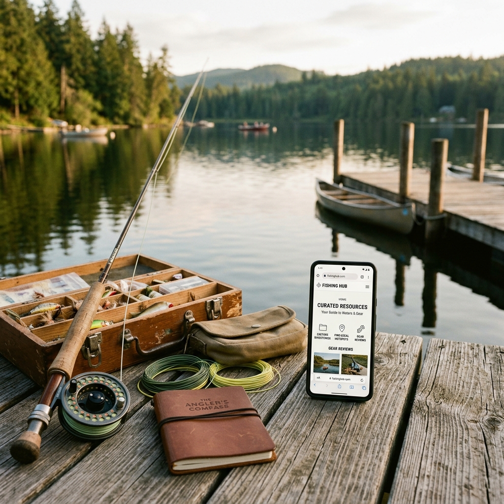 링크판 Fishing gear on a wooden dock beside a smartphone displaying a fishing website, highlighting digital resources for anglers.